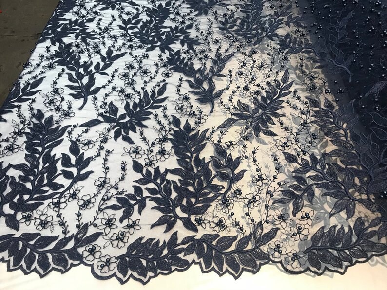 LACITYFABRIC Floral Beaded Mesh LaceNavy BlueEmbroider Lace Fabric By The YardFlower Mesh Bridal Dress LacePromNightgownTablecloths