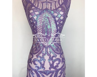 Geometric Sequin Fabric by the Yard / Lavender 4 Way Stretch Sequin Fabric / Embroidered Lace on Mesh Fabric / Prom & Wedding Dress Fabric
