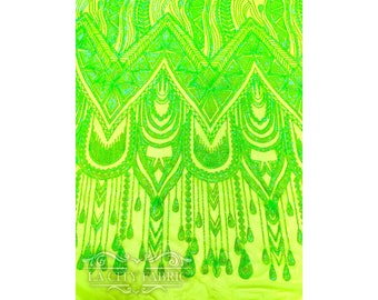 Geometric Neon Green 4 Way stretch Sequin Fabric By The Yard | Embroidered Lace Mesh Fabric | African Design