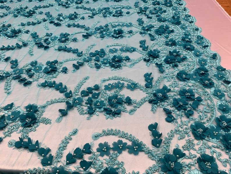 FABRIC By The Yard3D Flowers Beaded Mesh Lace Fabric With Handmade BeadsFloral Embroidery High Quality Lace Wedding Prom DressTurquoise