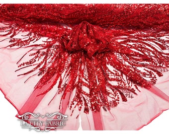 Red Embroidered Sequin lace Beaded Fabric By The Yard | Sequin Mesh Fabric with Shiny beads and sequin Fabric for Dresses