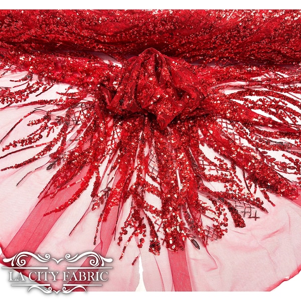 Red Embroidered Sequin lace Beaded Fabric By The Yard | Sequin Mesh Fabric with Shiny beads and sequin Fabric for Dresses