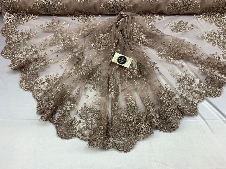 Light Brown LACITYFABRIC Elegant FlowerFloral Mesh Lace French Design,Embroidery Lace Fabric By The Yard For Tablecloths Wedding Dresses