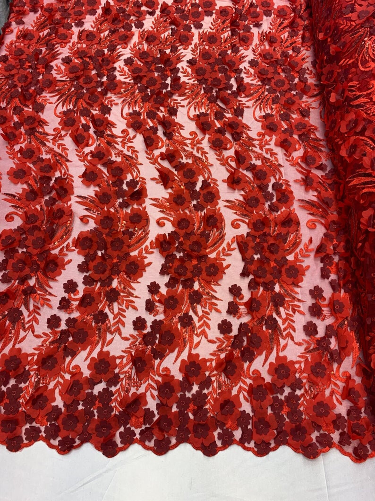 Lacityfabric///red//mesh 3D Flowers Fabric Lace Fabric by the Yard/sequins Flowers Embroidery