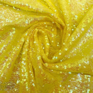 Iridescent Yellow All over Mini Sequin Fabric By The Yard | On Tulle Mesh Fabric | For Dresses, Tablecloth and more