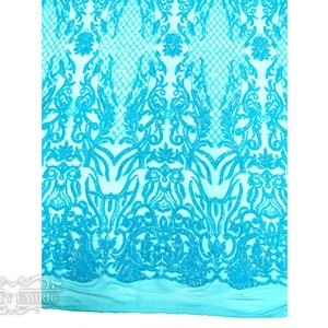 Mia 4 Way Stretch Sequin Fabric By The Yard | Aqua Damask Sequin Lace Fabric on Power Mesh Spandex Fabric