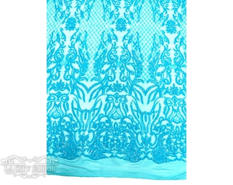 Mia 4 Way Stretch Sequin Fabric By The Yard | Aqua Damask Sequin Lace Fabric on Power Mesh Spandex Fabric