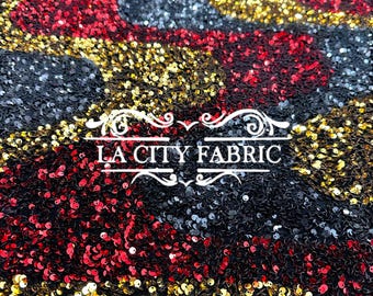 Wavy Red Black Gold on Black Stretch  Sequin Fabric on Spandex Stretch Velvet Fabric By The Yard for Dress, prom Dress, night Gowns