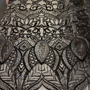 CITYFABRIC iriserende (zwart) 4 Way glanzend stretch pailletten geometrische ontwerp voor bruiloft, prom, tafelkleed, geborduurd mesh kant stof door de werf