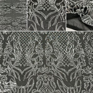 4 Way Stretch Sequin Fabric By The Yard | Embroidery Lace Fabric for Prom Dress | Power Mesh Fabric | Silver Sequin on Black Mesh