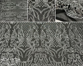 4 Way Stretch Sequin Fabric By The Yard | Embroidery Lace Fabric for Prom Dress | Power Mesh Fabric | Silver Sequin on Black Mesh