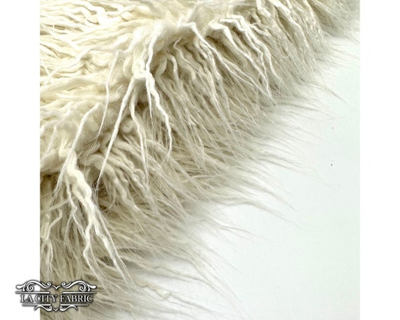 Ivory Long Pile Mongolian Faux Fur Fabric | By The Yard | Fake Fur Material for Blankets, clothing, jacket and more | 58” Wide