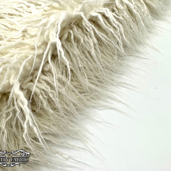 Ivory Long Pile Mongolian Faux Fur Fabric | By The Yard | Fake Fur Material for Blankets, clothing, jacket and more | 58” Wide