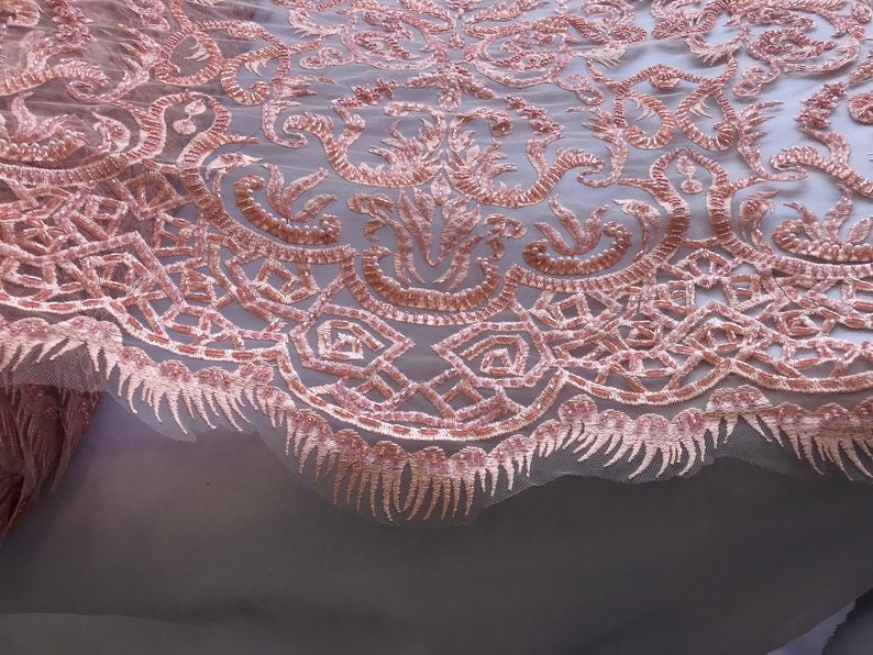 EMBROIDERY Lace By The Yard GEOMETRIC Beaded Mesh Lace FabricDusty Pink Bridal WeddingClothingDressesJacketsApplicationsTable cover