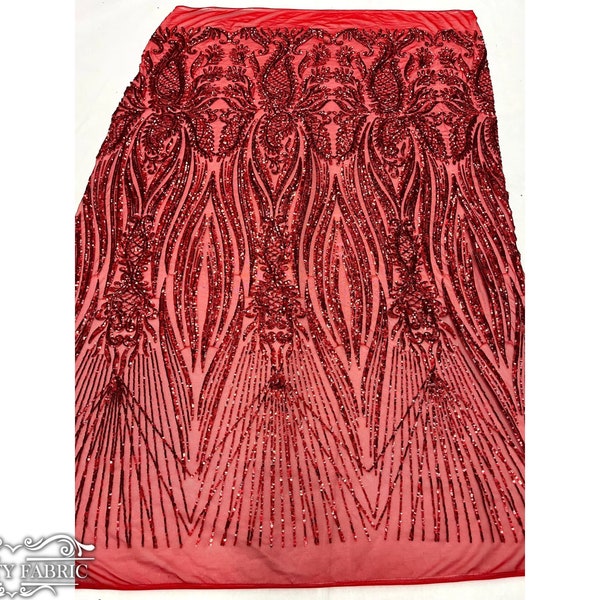 Red Sequin Fabric By The Yard | Loyalty Design Damask Embroidery 4 Way Stretch Mesh Fabric | Spandex Mesh | 58” wide