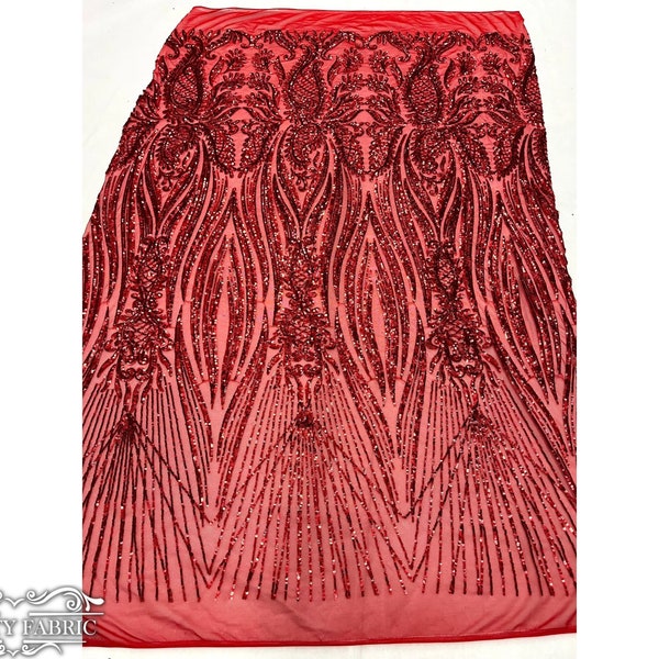 Damask Sequins Design on a 4 Way Stretch Mesh Fabric - for Night Gowns - Prom Dresses - (Yellow Iridescent, 1 Yard)