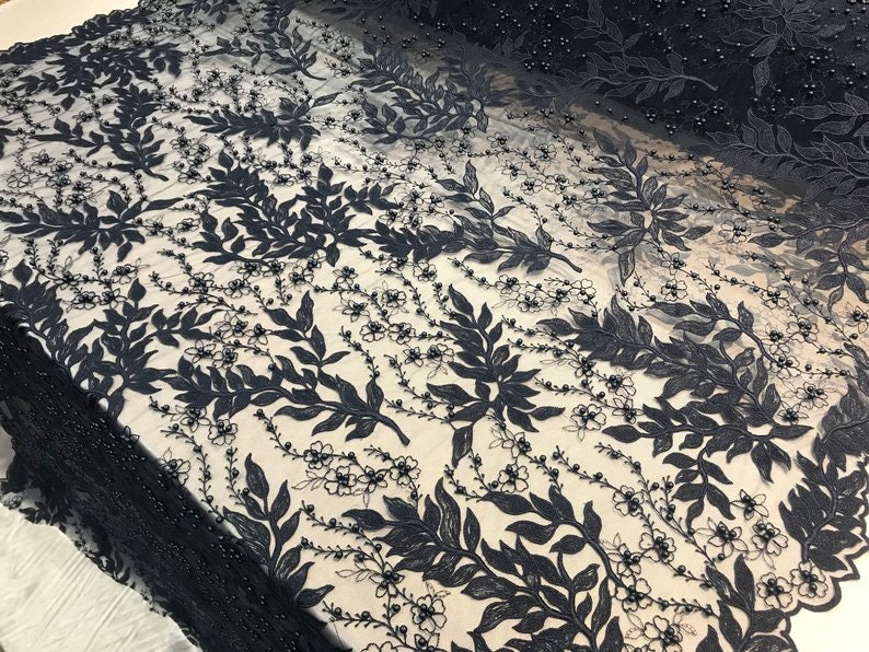 LACITYFABRIC Floral Beaded Mesh LaceNavy BlueEmbroider Lace Fabric By The YardFlower Mesh Bridal Dress LacePromNightgownTablecloths