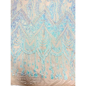 Geometric Iridescent Baby Blue 4 Way stretch Sequin Fabric By The Yard | Embroidered Lace Mesh Fabric | African Design