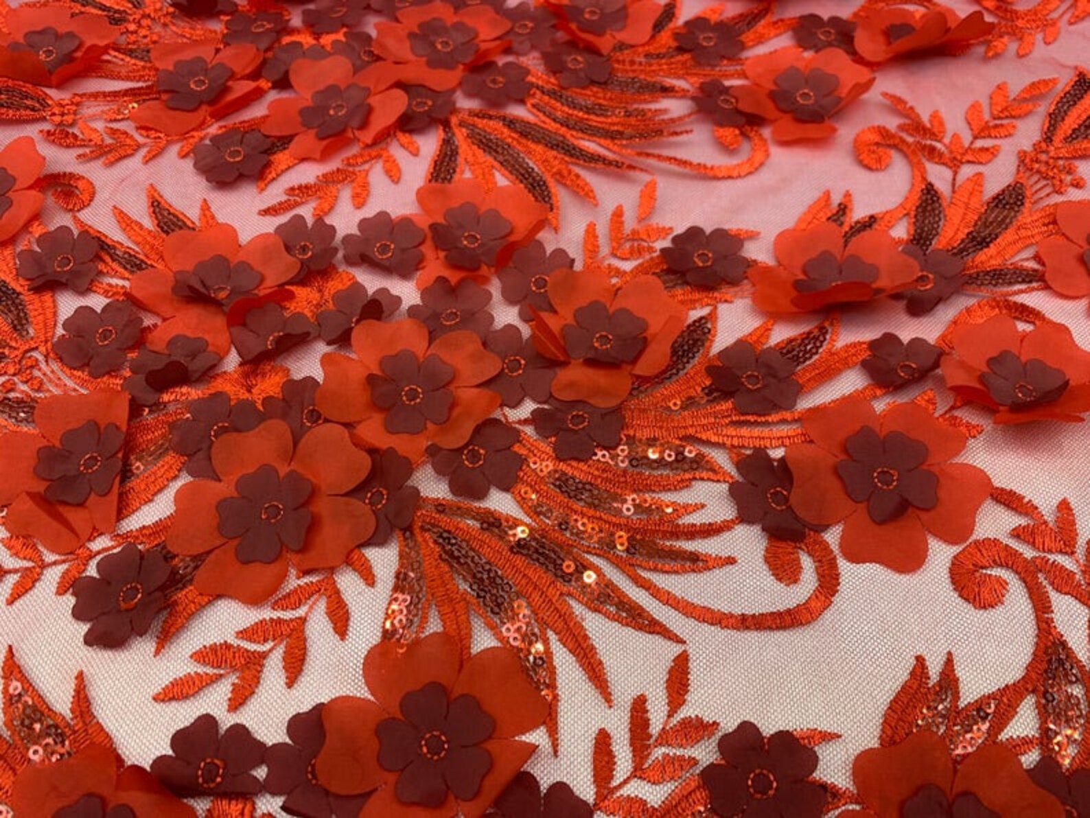 Lacityfabric///red//mesh 3D Flowers Fabric Lace Fabric by the Yard/sequins Flowers Embroidery