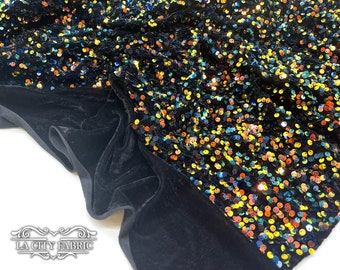 Iridescent Purple Orange on Black | Spandex Velvet Sequin Fabric | 2 Way Stretch Fabric | Embroidery Sequin on Velvet Fabric | Shiny Sequin