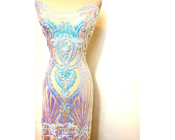 Sequin Fabric By The Yard | Iridescent Blue White Mesh 4 Way Stretch Fabric | Geometric Lace Fabric on Spandex Mesh Lace | Bridal Dress