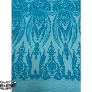 Geborduurde paillettenstof | op maat gesneden | Damast iriserende neon turkoois 4-way stretch pailletten spandex mesh stof | voor bruiloft en bal