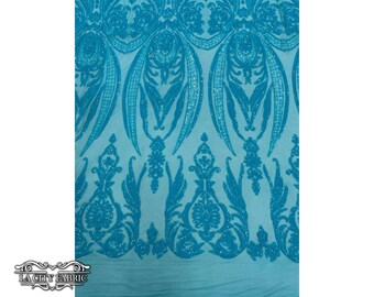 Bestickter Paillettenstoff | Großpackung | Damast schillernde Neon Türkis 4-Wege-Stretch Pailletten Spandex Netzstoff | für Hochzeit und Abschlussball