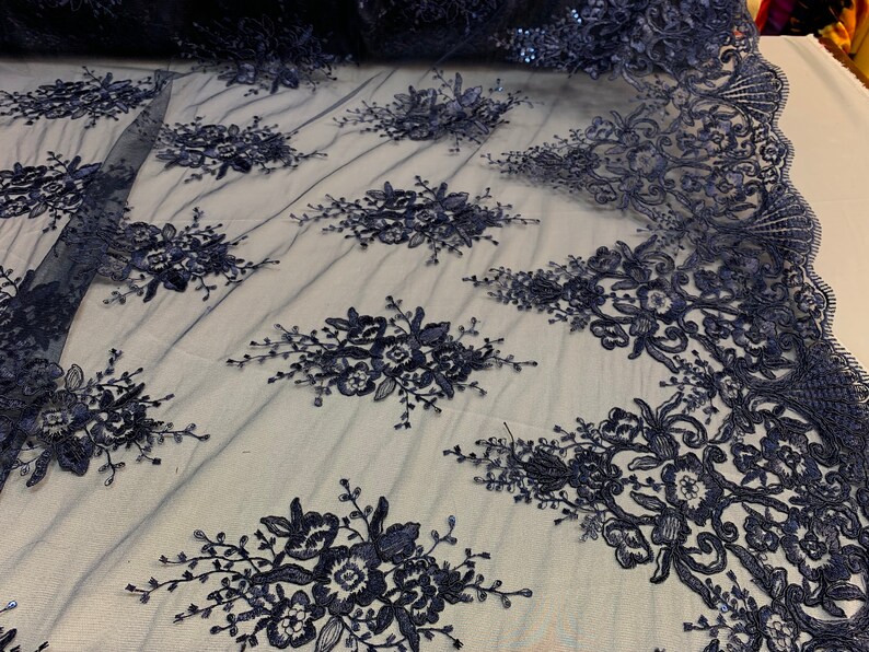 LACITYFABRIC FloralFlower Mesh Lace Fabric Navy Blue Royal Designs By Yard Gorgeous Lace Bridal Wedding Prom Party Decoration Drapes.