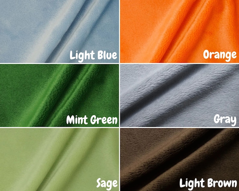May include: Six fabric swatches in different colors: light blue, orange, mint green, gray, sage, and light brown.