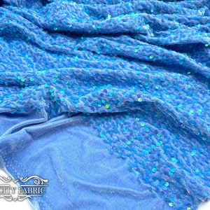 Iridescent Sky Blue | Spandex Velvet Sequin Fabric | 2 Way Stretch Fabric | Embroidery Sequin on Velvet Fabric | Shiny Sequin