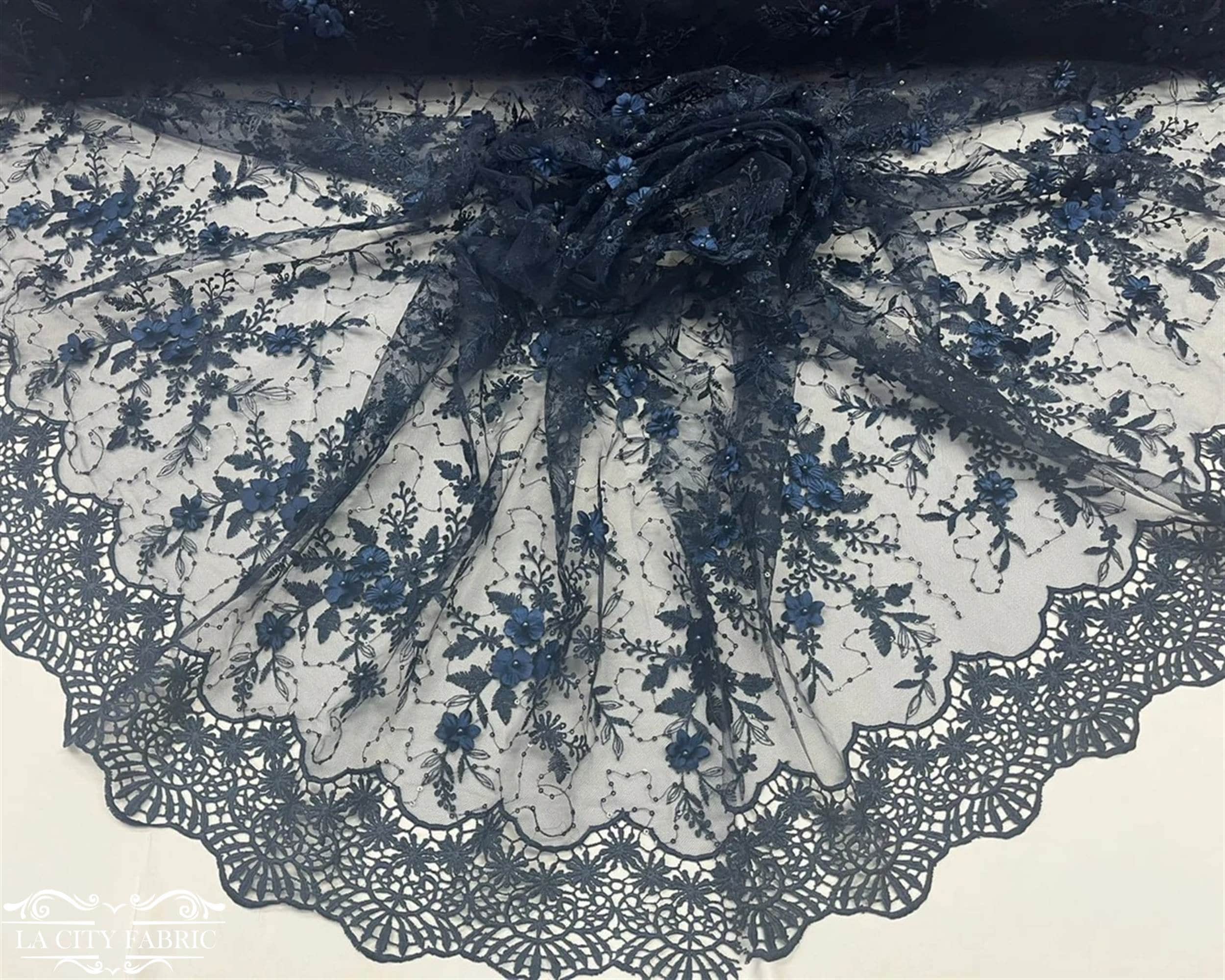 Luxury 3D Flowers Floral Lace Fabric by the Yard | Navy Blue Beaded ...