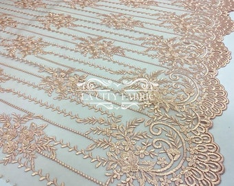 Luxury Baby Pink Floral Lace Fabric cut to size / Corded Flowers Fabric / Embroidered Fabric on Mesh for Wedding Dress, Tablecloth