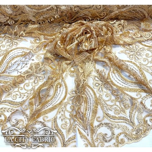 Gold Lace Sequin Beaded Fabric By The Yard | Mesh Embroidered Handmade Lace Dress Fabric