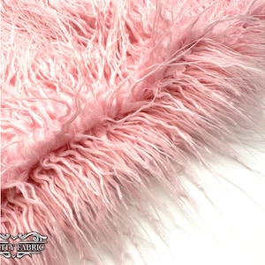 Pink Long Pile Mongolian Faux Fur Fabric | By The Yard | Fake Fur Material for Blankets, clothing, jacket and more | 58” Wide