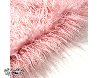 Pink Long Pile Yeti Mongolian Faux Fur Fabric | By The Yard | Fake Fur Material for Blankets, clothing, jacket and more | 58” Wide