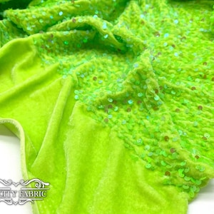 Neon Lime Green | Spandex Velvet Sequin Fabric | 2 Way Stretch Fabric | Embroidery Sequin on a Velvet Fabric | Shiny Sequin