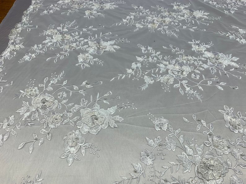 LACITYFABRIC luxuriousWhite3D FloralFlowers Beaded Mesh Lace Handmade Embroidery Fabric By The YardProm DressNight GownsTablecloths