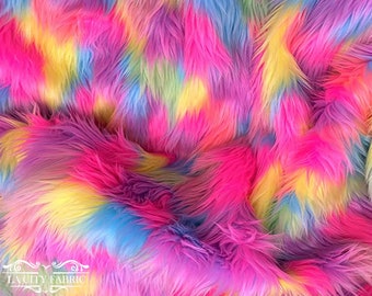 Charlotte Shaggy Faux Fur Fabric By The Yard | Pastel Rainbow Long Pile Faux Fur Fabric 60” Wide Ultra Soft Fur Fabric