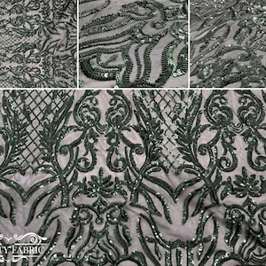 4 Way Stretch Sequin Fabric By The Yard | Embroidery Lace Fabric for Prom Dress | Power Mesh Fabric | Hunter Green Sequin