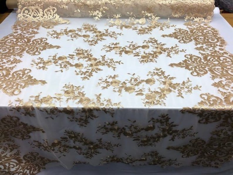 2 Way Stretch Mesh Lace FlowerFloral Handmade Mesh Lace Fabric By The Yard Embroidery LaceBridal LaceTableclothsNight GownsTaupe