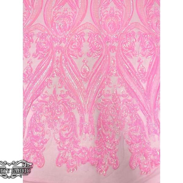 Embroidered Sequin Fabric | By The Yard | Damask Iridescent Baby Pink 4 way stretch Sequin spandex mesh Fabric | wedding and prom dresses