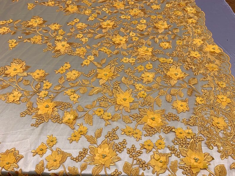 HIGH QUALITY Beaded Lace Embroidery Mesh Lace Fabric By The Yard Handmade Floral Lace 3D Flowers Design With Beads And Pearls Yellow .