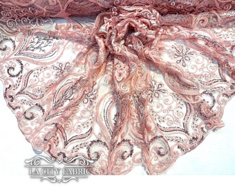 Dusty Rose Spitze Pailletten Perlen Stoff Meterware | Mesh gestickter handgemachter Spitzenkleiderstoff
