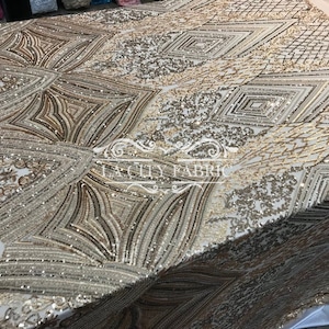 Gold Luxury Stretch Sequins Fabric By The Yard / Geometric 4 Way Stretch Sequins Spandex Mesh Lace / Embroidered Sequins Lace Fabric