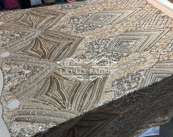 Gold Luxury Stretch Sequins Fabric By The Yard / Geometric 4 Way Stretch Sequins Spandex Mesh Lace / Embroidered Sequins Lace Fabric
