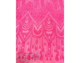Geometric Neon Pink 4 Way stretch Sequin Fabric By The Yard | Embroidered Lace Mesh Fabric | African Design