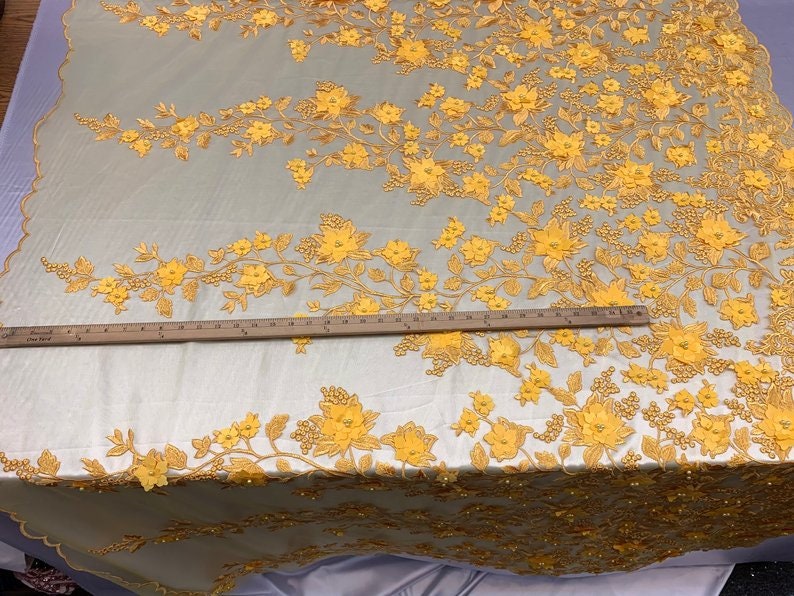 HIGH QUALITY Beaded Lace Embroidery Mesh Lace Fabric By The Yard Handmade Floral Lace 3D Flowers Design With Beads And Pearls Yellow .