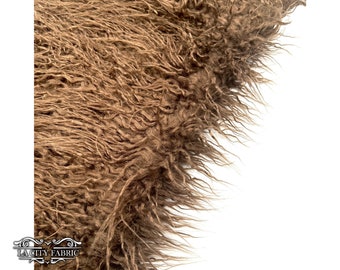 Brown Long Pile Mongolian Faux Fur Fabric | By The Yard | Fake Fur Material for Blankets, clothing, jacket and more | 58” Wide