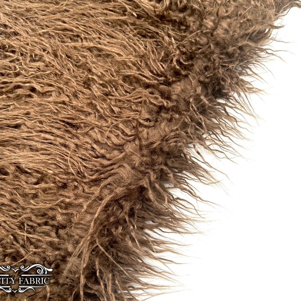 Brown Long Pile Mongolian Faux Fur Fabric | By The Yard | Fake Fur Material for Blankets, clothing, jacket and more | 58” Wide