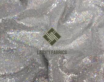 Silver Iridescent Mini Glitz Sequins Fabric All Over Stretch sequin Fabric By The Yard for decoration, dress, prom dress, tablecloth